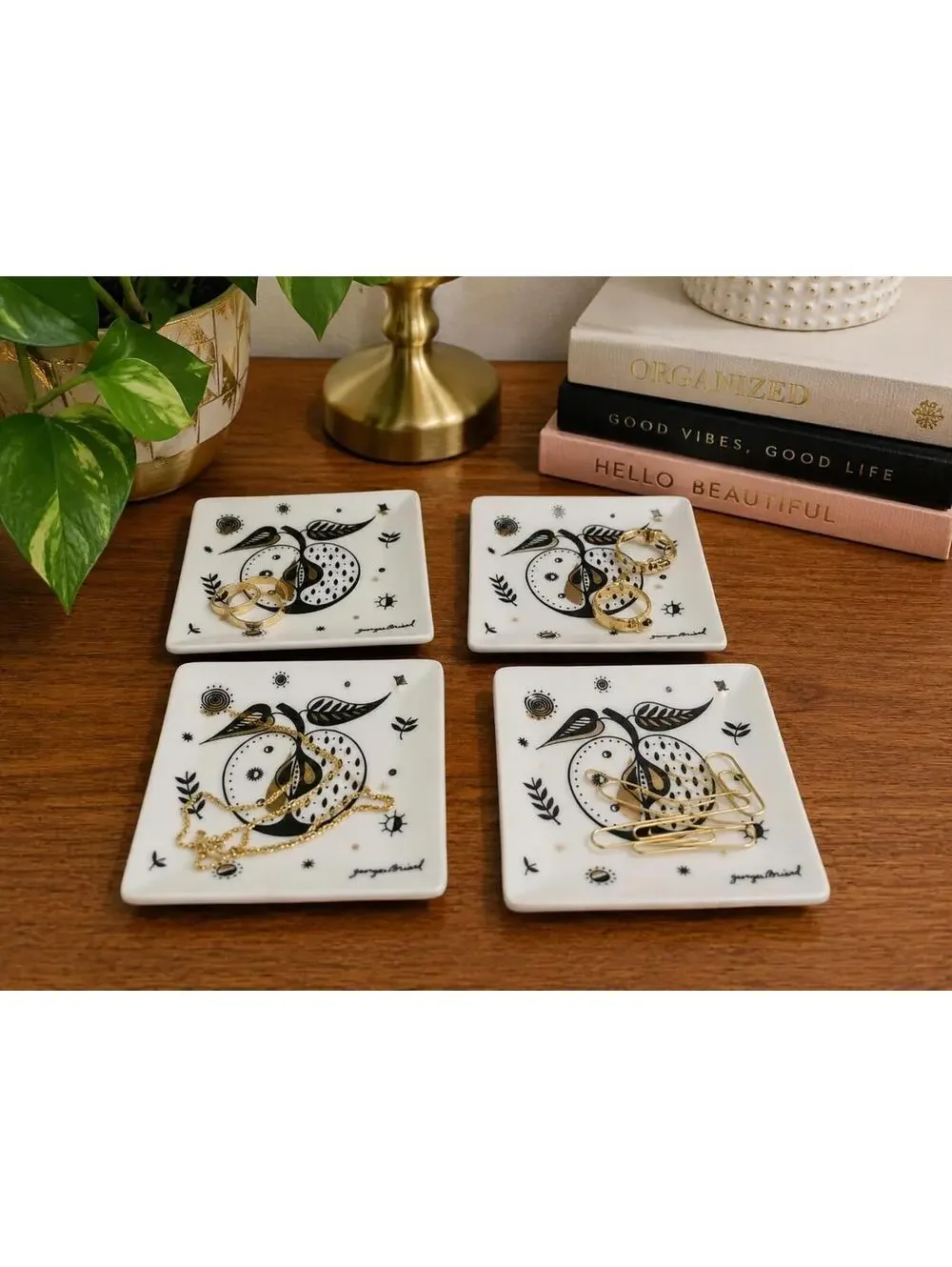 Georges Briard Forbidden Fruit 4 Piece Milk Glass Black Gold Apple Trinket Trays
